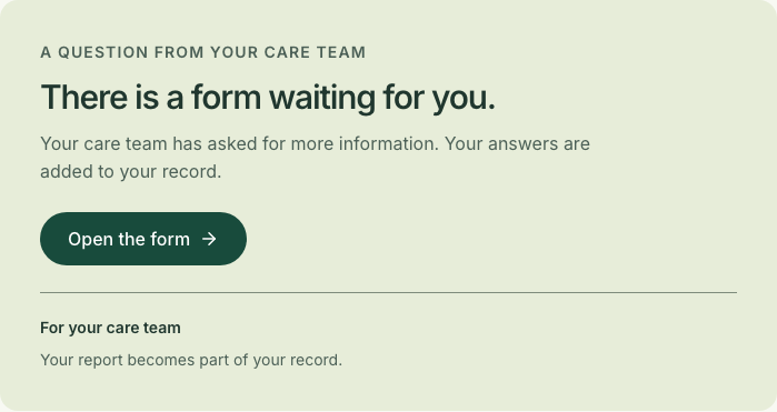 Grace Health account task: a question from your care team, with a form waiting for more information.
